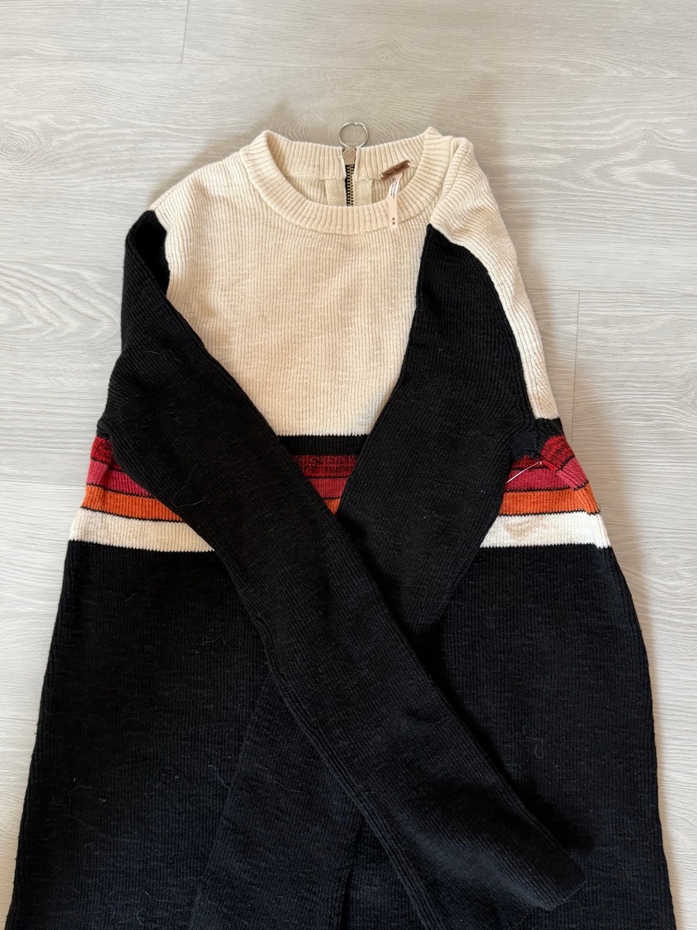 Colorblock Black and Cream Free People Women’s Sweater with Red & Orange Stripe